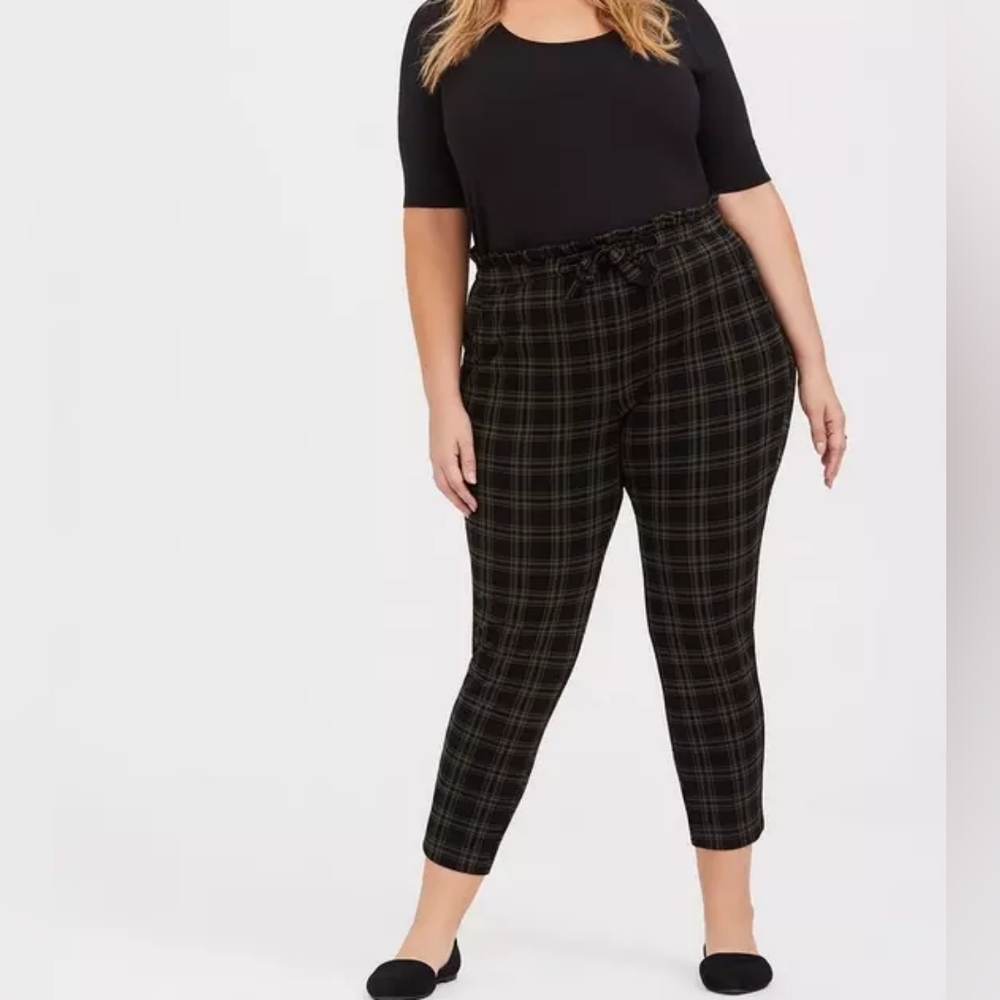 Torrid Premium Ponte Tie Front Cigarette Pant Olive Plaid Size 00 (Medium/large)